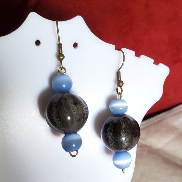 Bronze Hook Ceramic Bead and Cat's Eye Earrings - Picture 3 of 3
